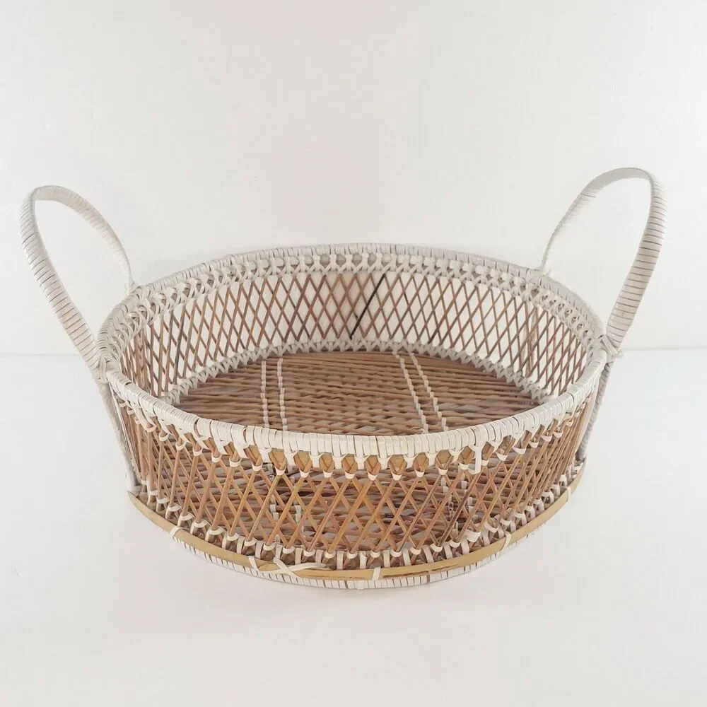 Round Basket w/ Handles White Accents Woven Rattan Wicker Rattan Wall Art